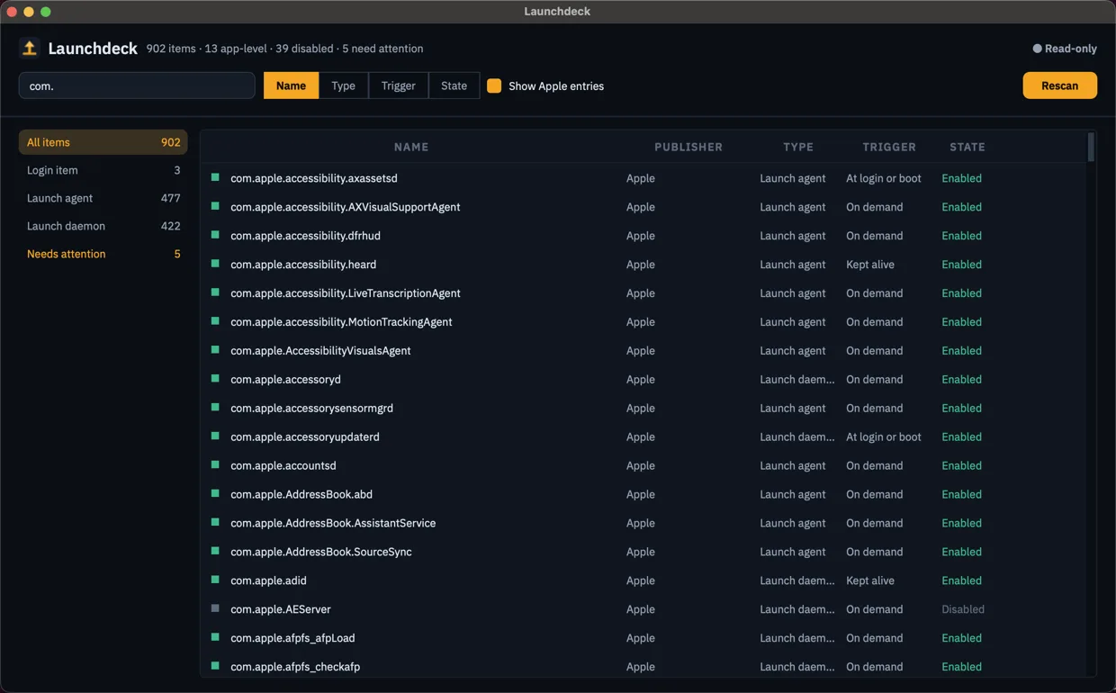 Launchdeck on macOS: the same dark window listing launch agents and daemons with their publisher, trigger and state, filtered to Apple entries, marked read-only.
